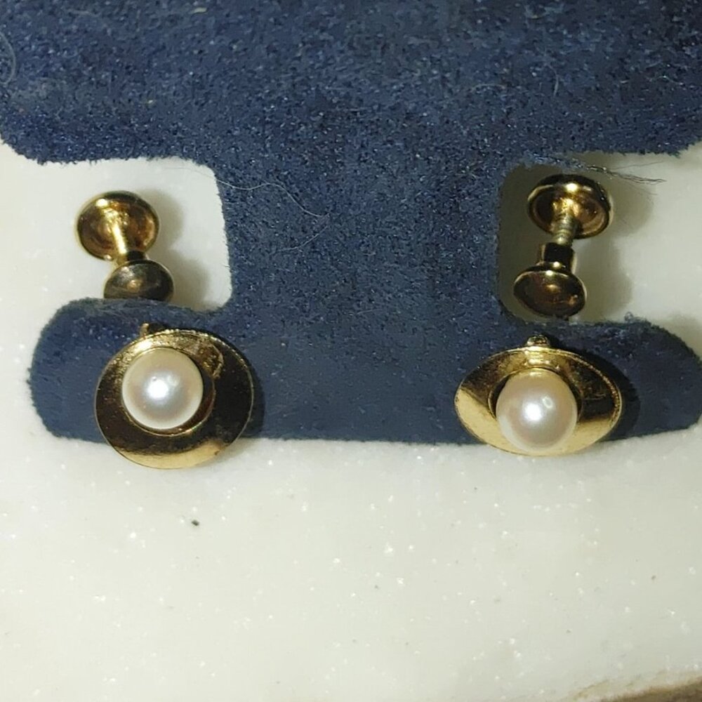 Real Pearl Yellow Gold Stamped Earrings Vintage 12K GF Screw Back